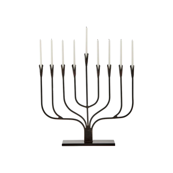 Jan Barboglio Menorah Iron petal candle holders on an iron rectangular base